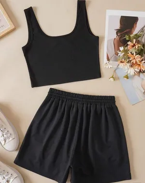 SHEIN Solid Ribbed Tank & Drawstring Shorts Black Lounge Set Size Small thumbnail 1