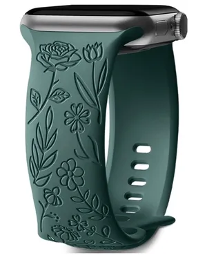 Unbranded Apple iWatch 9/8/7 SE Engraved Rose Floral 34mm‎ Silicone Watch Band thumbnail 1