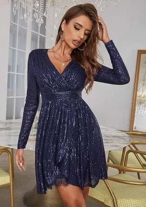 Navy Blue Sequin Wrap V-Neck Long Sleeve Lace Trim Cocktail Dress Evening Party thumbnail 1