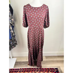 Bobeau Polka Dot Dara Midi Dress Puff Sleeve Ruffle Hem Burgundy Teal Size M thumbnail 2