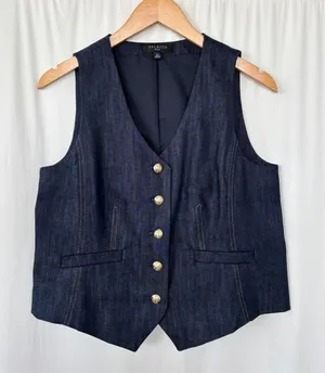 2010s Talbots Petite Dark Wash Denim Vest Gold Crest Button Western Cowgirl 8P thumbnail 1