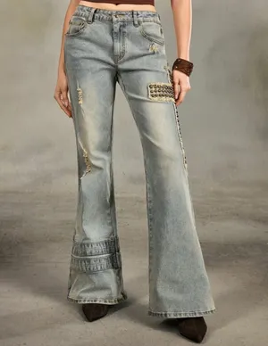 Womens Romwe Grunge Punk Cross Print Wide Leg Jeans, Size 6 (Medium), NWT thumbnail 8