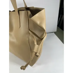 Beige Matte Tote Bag Drawstring Closure Double Handles Solid Medium Casual thumbnail 4