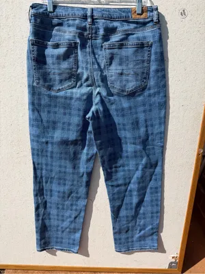 American Eagle Mom Straight Jeans Women 12 Short Blue Plaid Stretch thumbnail 4