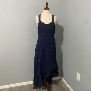 Lulus Navy Blue Holiday Sleeveless Trimmed Embroidered‎ Asymmetric Dress Sz M thumbnail 7