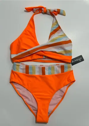 Women's Neon Orange Halter Bikini with Multi-Stripe Accent thumbnail 1