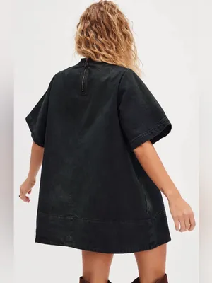 Free People Harlow Mini Dress Washed Black Oversized Denim Tee Dress Large NWOT thumbnail 2
