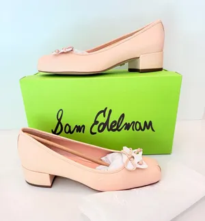 New Sam Edelman Rosa Leather Block Heel Pump Sz 7 Peach Low Classic Dainty Bow thumbnail 1