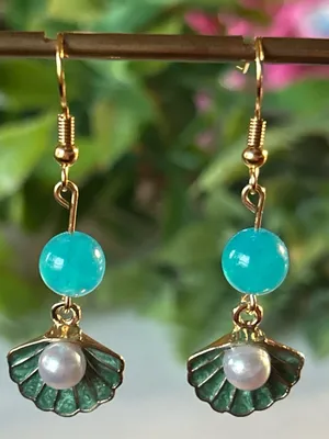 Handmade Amazonite shell earrings with faux pearl detail thumbnail 1