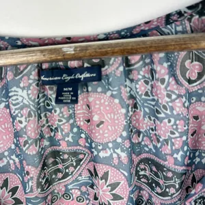 American Eagle Top M Blue‎ Pink Boho Paisley Peasant Blouse Ruffle Hem Festival thumbnail 2