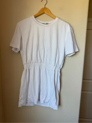 Grey Lab White T Shirt Mini Dress Elastic Waist Short Sleeve Size M thumbnail 1