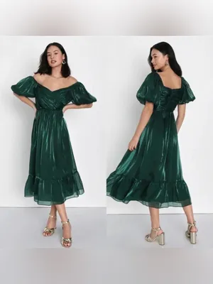 Lulus Remarkable Sensation Emerald Green Puff Sleeve Tiered Midi Dress size m thumbnail 2