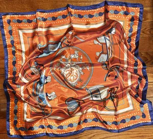 Vintage Equestrian HORSE&CARRIAGE print orange/blue oversized silky Scarf 35/35 thumbnail 1