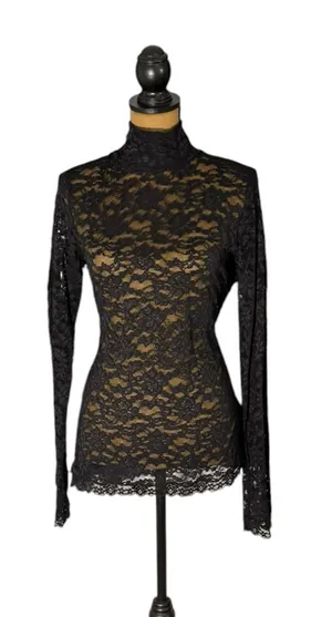 Moda International Black Lace Mock Neck Top M Sheer Long Sleeve Y2K Goth Grunge thumbnail 1
