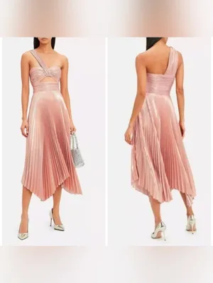 A.L.C. Pink Rose Gold Aurora Pleated One Shoulder Midi Dress thumbnail 2