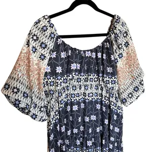 NWT DEX Maxi Dress 1X Navy Floral Boho Tiered‎ Puff Elastic Sleeves Flowy Spring thumbnail 13