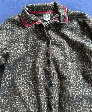 Anne Klein Womens Leopard Print Fleece Pajama Set Large Brown Red Trim L 14-16 thumbnail 1