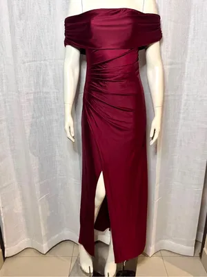 Off Shoulder Satin Maxi Dress Burgundy Pleated Ruched Front Slit Gown S thumbnail 2