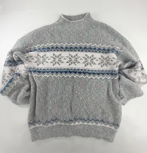 Vintage Style Fair Isle Snowflake Mock Neck Sweater Grey Multi Size L thumbnail 1