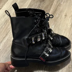Zara Black Lace-Up Combat Boots with Crystal Straps thumbnail 1