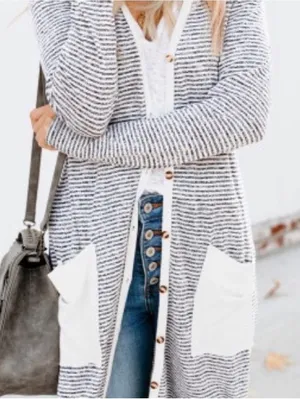 By Together Cardigan Women S Cream Striped Longline Boho Pockets RJ950 Button Up thumbnail 1