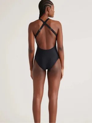 NWT Quince Italian Cross-Back One-Piece Swimsuit black extra small thumbnail 2