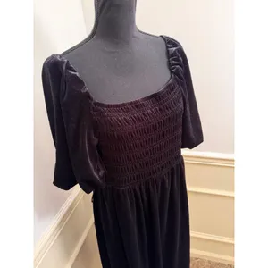 Draper James RSVP Black Velvet Smocked Puff Sleeve Midi Dress Style #KD7256V2 thumbnail 2