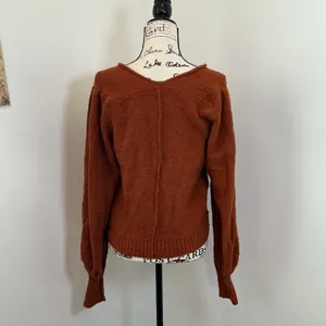 Free People Boucle Knit V-Neck Sweater Rust Orange Puff Sleeve Small Boho Fall thumbnail 3