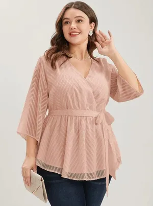 Bloomchic Geometric Mesh Surplice Neck Belted Ruffles Blouse Sheer Pink 12 thumbnail 2