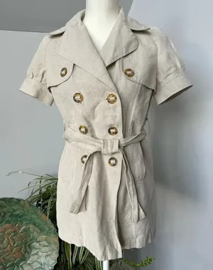 Londonjean Chino Short Sleeve Button‎ Up Top Jacket Linen Cotton Khaki Belted Sm thumbnail 1