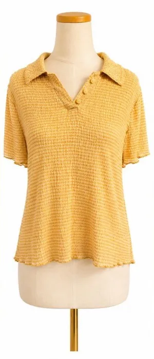 Madewell Textured Stripe Collared Top Women’s Large Yellow Ivory Short Sleeve thumbnail 1