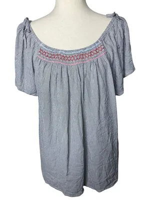 NWT Maurices Women’s XL Blue White Striped Embroidered Peasant Blouse thumbnail 1