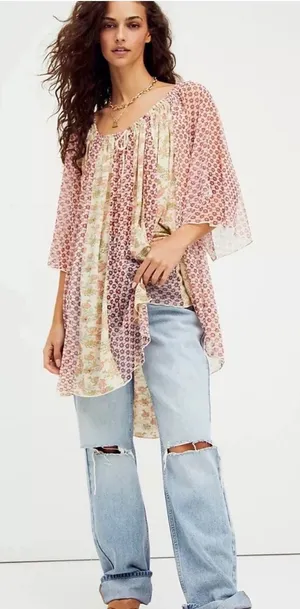 Free People Because I Love You Sheer Tunic Top Wide Sleeve Floral Womens Medium thumbnail 1