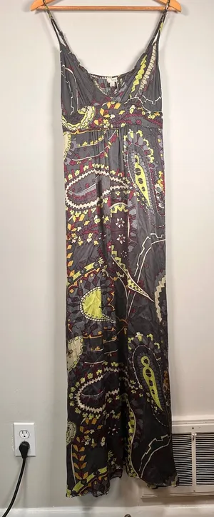 Hinge Silk Maxi Dress Womens Medium‎ Grey Paisley Boho babydoll HL217877MI thumbnail 1