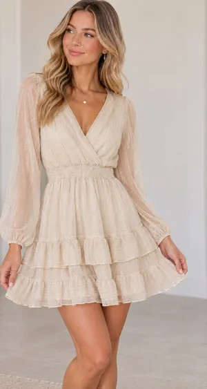 Altard State Ivory Metallic Shimmer Ruffle Mini Dress XS thumbnail 1