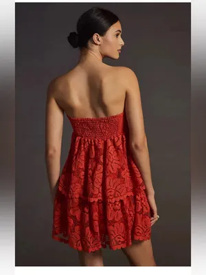 ANTHROPOLOGIE Maeve Strapless Lace Mini Dress Red size small No Shoulder Straps thumbnail 2