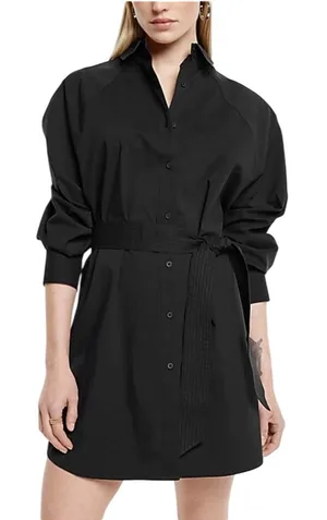 Express NWT 43P Portofino Shirt Dress Black Long Sleeve‎ Tie Waist Mini Small thumbnail 1