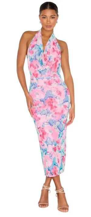 Lulus Venus Teal and Pink Floral Mesh Backless Midi Dress size Large NWT thumbnail 1