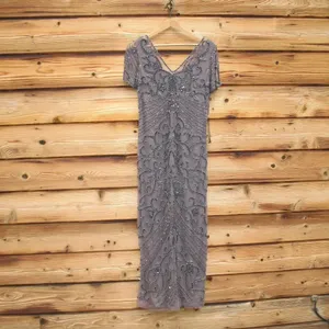 NWT Pisarro Nights Size 8 Beaded Mesh Column Gown Aluminum thumbnail 6