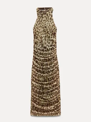 Zara Leopard-Print Ruched Midi Dress in Tan thumbnail 5