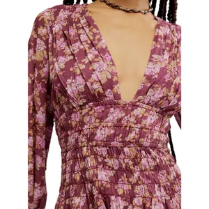 Free People Keep You Floral Moni Dress Plunging Neckline Long Sleeve Smocked thumbnail 3