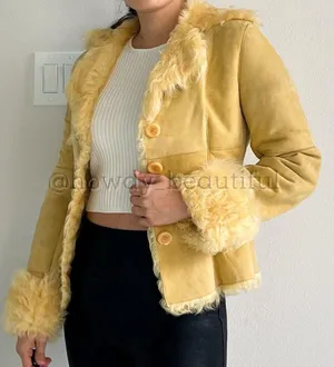 New Label SheepSkin Cream Yellow Leather Button Up shearling Jacket thumbnail 15