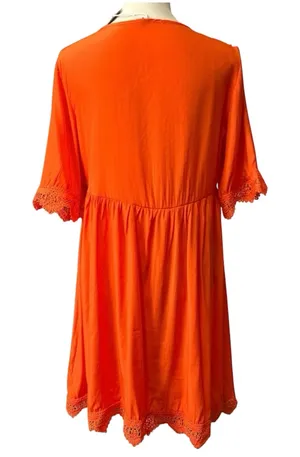 Embroidered V- neck mini dress orange with crochet lace hem sleeves thumbnail 3