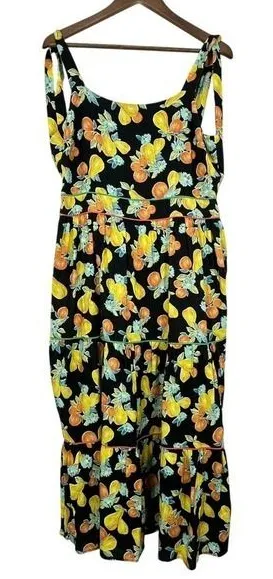 Adelyn Rae Black Fruit Floral Print Tiered Midi Dress Tie Shoulder Smocked NWT‎ thumbnail 1