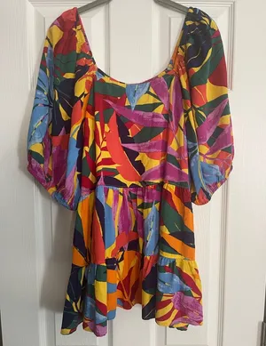 😇Terra & Sky Boho Multicolored Puff Sleeves Babydoll Top, Size 1X (16W-18W) thumbnail 1