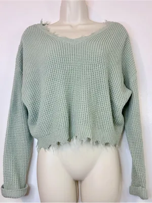 Moon & Madison Waffle Knit Crop Sweater Sage Green Distressed Hem Size M thumbnail 4