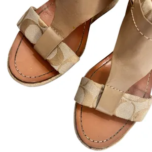 Coach Khaki Leather Signature Canvas Mendez Cork Wedges Sandals thumbnail 5