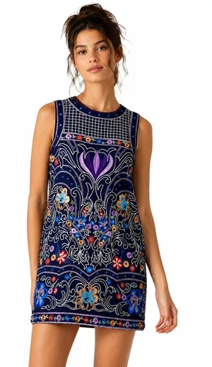 Maeve Anthropologie Blue Floral Embroidered Mini Shift Dress Womens 2 Sleeveless thumbnail 1
