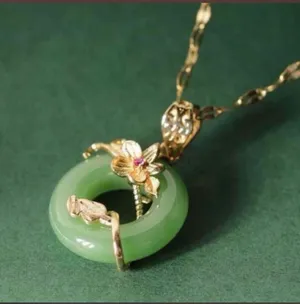 Brand New Green jade pendant with gold floral design and a small red gemstone 18 K gold plated thumbnail 2