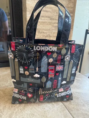 Harrods Black Vinyl Tote with Red and Gold London Motif thumbnail 4